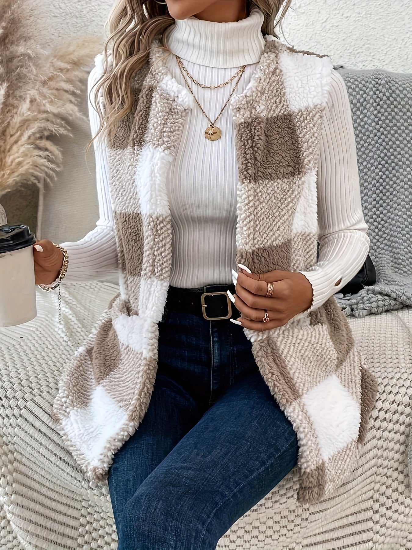 Plaid Pattern Teddy Vest, Casual Open Front Sleeveless Vest, Women's Clothing