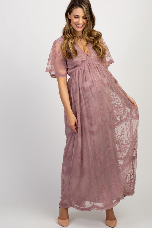 MARIJNEA® | Mauve kanten mesh overlay Maxi-Jurk