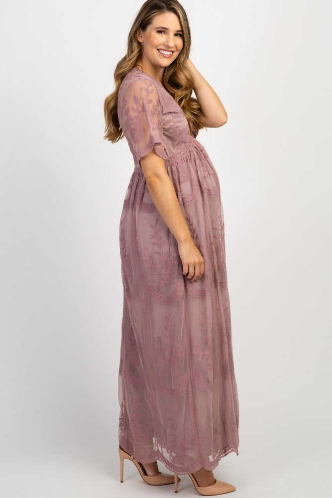 MARIJNEA® | Mauve kanten mesh overlay Maxi-Jurk