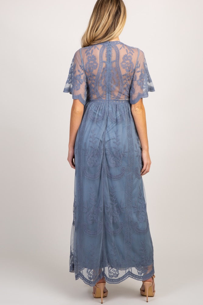 MARIJNEA® | Blauwe kanten mesh overlay Maxi-Jurk