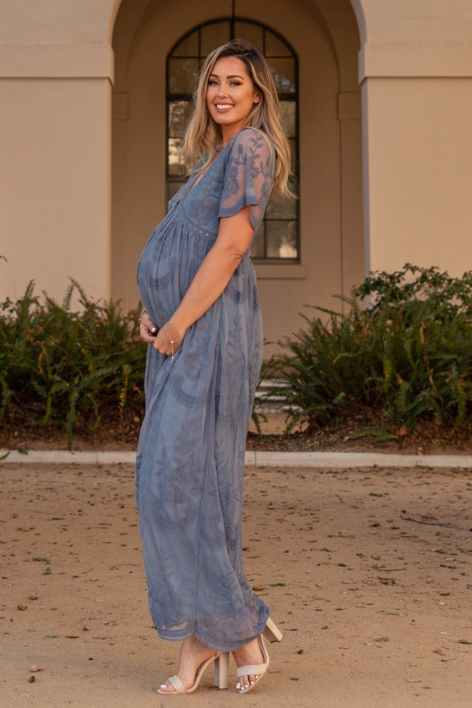 MARIJNEA® | Blauwe kanten mesh overlay Maxi-Jurk
