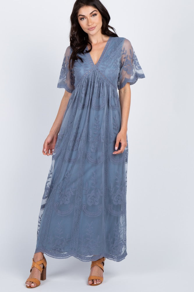 MARIJNEA® | Blauwe kanten mesh overlay Maxi-Jurk