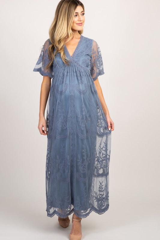 MARIJNEA® | Blauwe kanten mesh overlay Maxi-Jurk