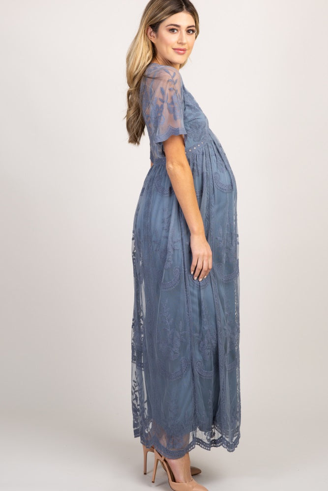 MARIJNEA® | Blauwe kanten mesh overlay Maxi-Jurk