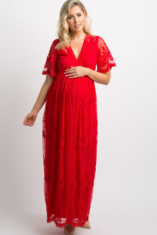 MARIJNEA ® | Rood kanten mesh overlay Maxi-Jurk