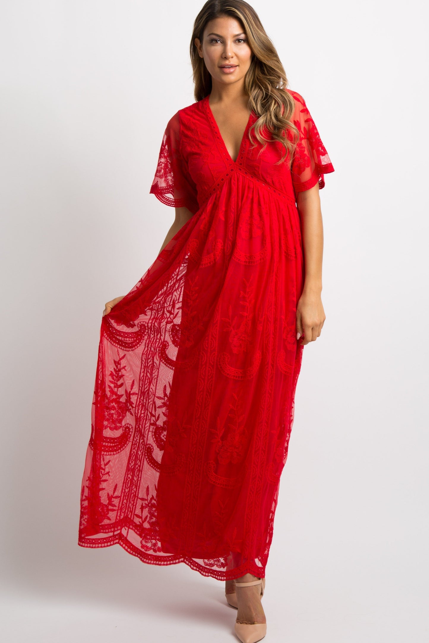 MARIJNEA ® | Rood kanten mesh overlay Maxi-Jurk