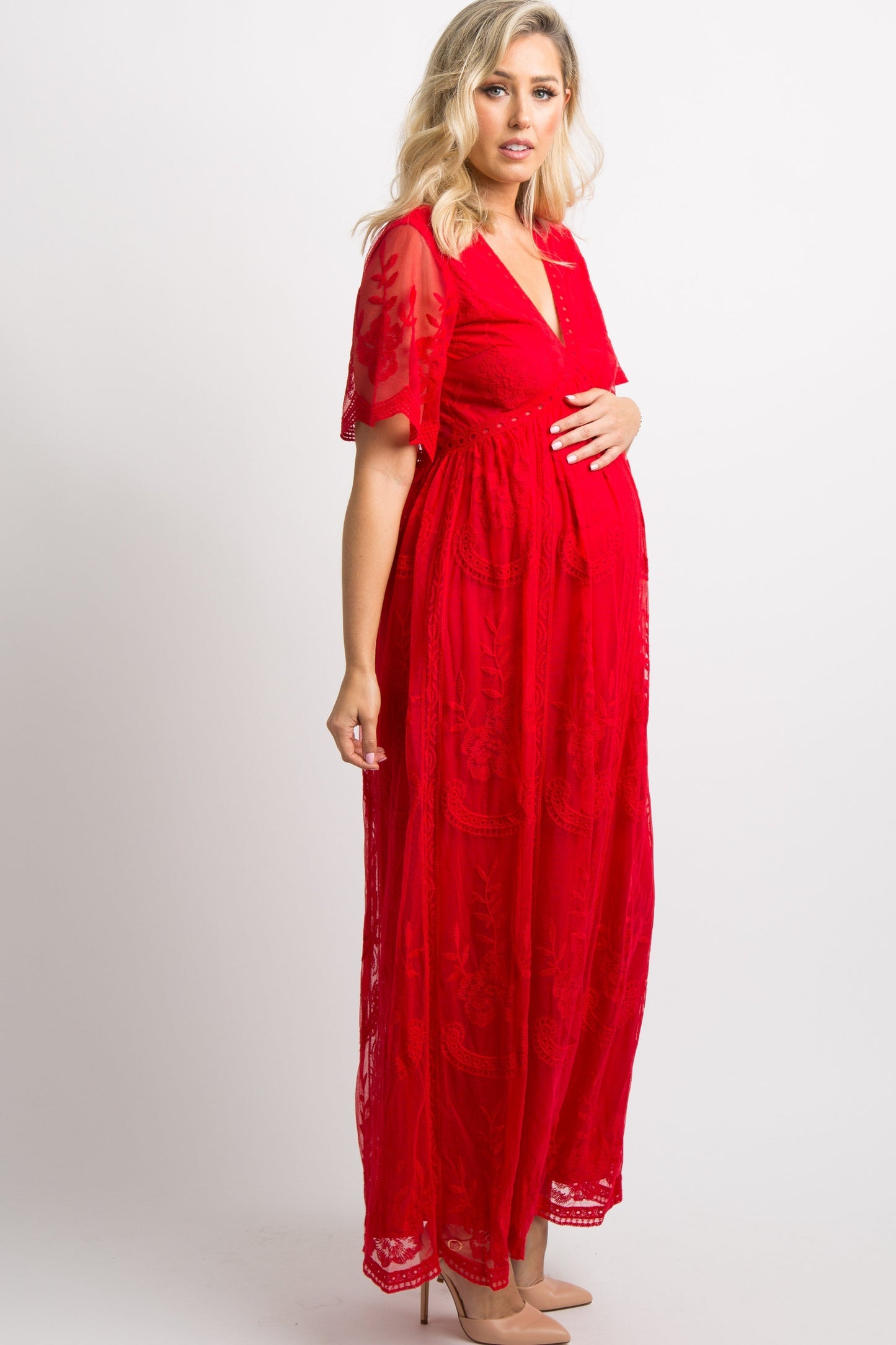 MARIJNEA ® | Rood kanten mesh overlay Maxi-Jurk