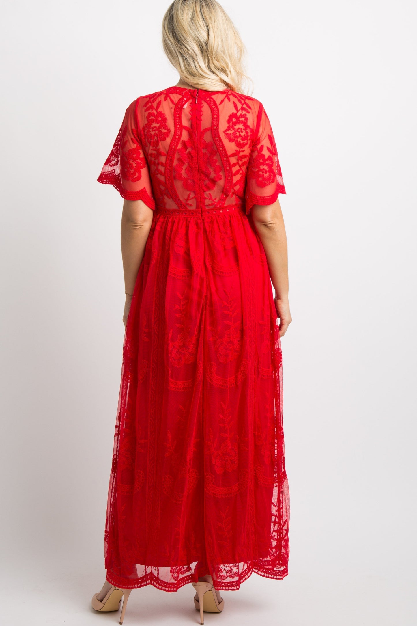 MARIJNEA ® | Rood kanten mesh overlay Maxi-Jurk