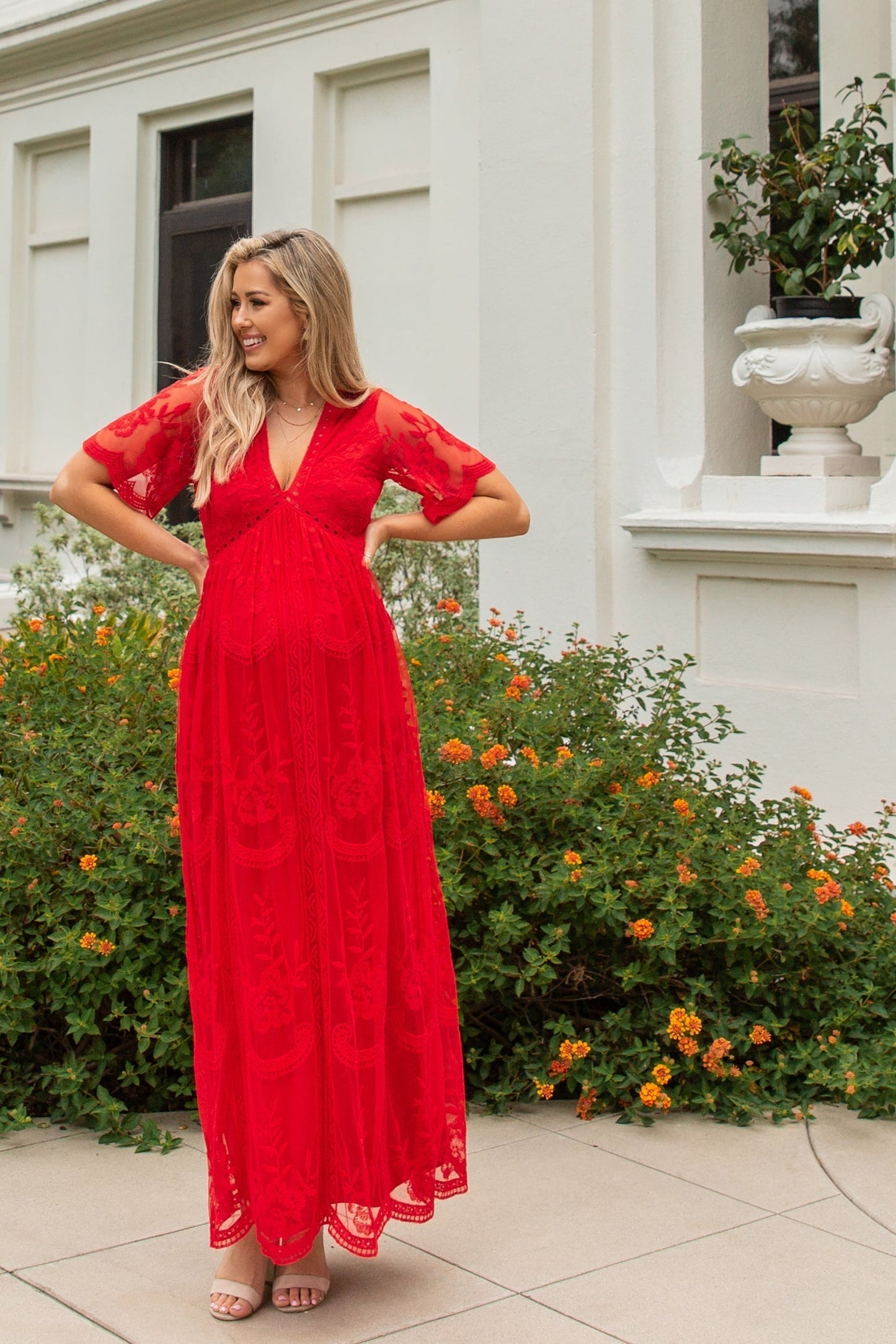 MARIJNEA ® | Rood kanten mesh overlay Maxi-Jurk