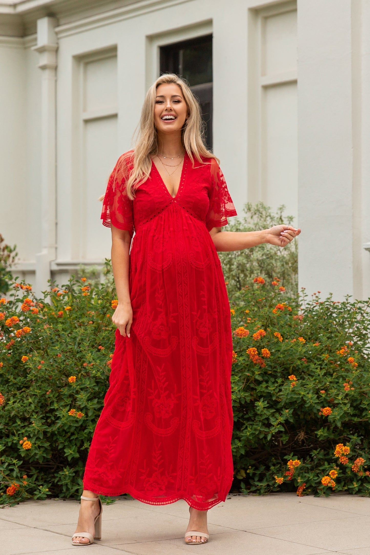 MARIJNEA ® | Rood kanten mesh overlay Maxi-Jurk