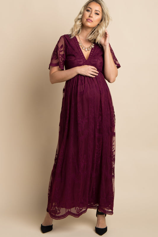MARIJNEA ® | Burgundy kanten mesh overlay Maxi-Jurk