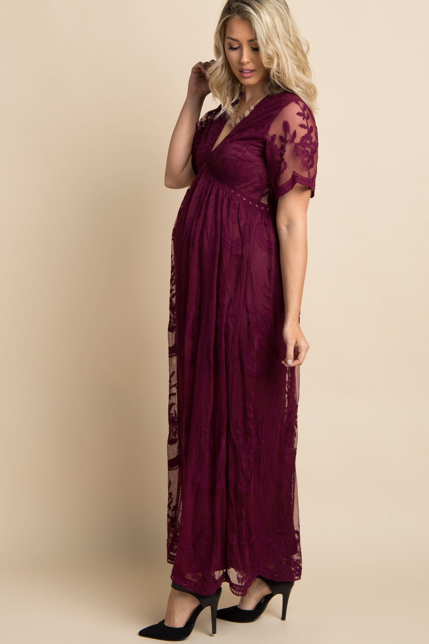 MARIJNEA ® | Burgundy kanten mesh overlay Maxi-Jurk