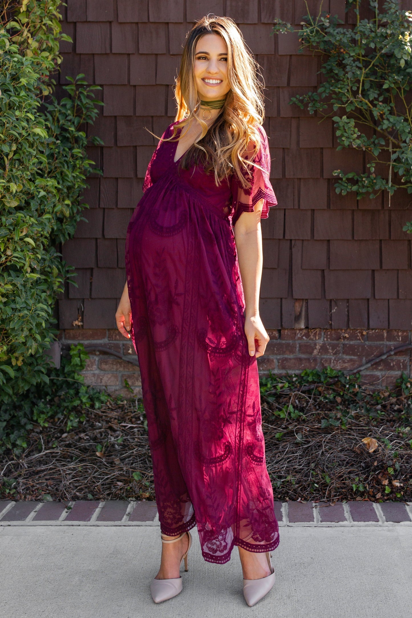 MARIJNEA ® | Burgundy kanten mesh overlay Maxi-Jurk