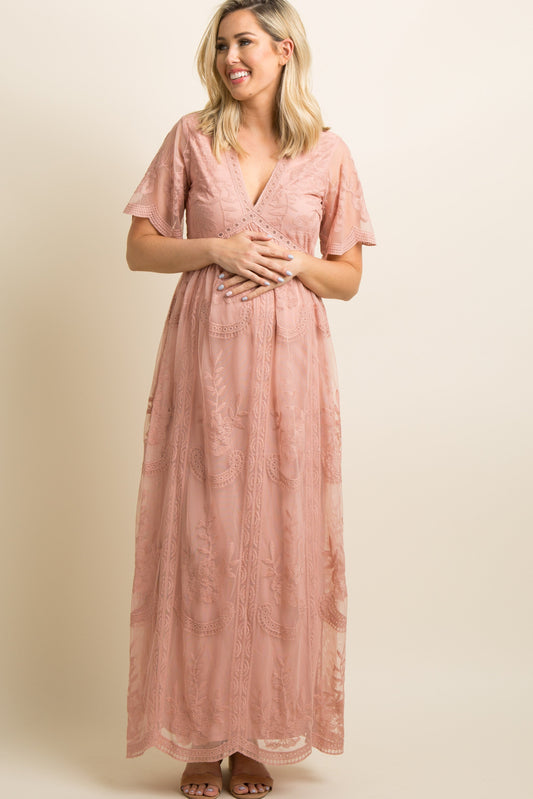 MARIJNEA ® | Roze kanten mesh overlay Maxi-Jurk