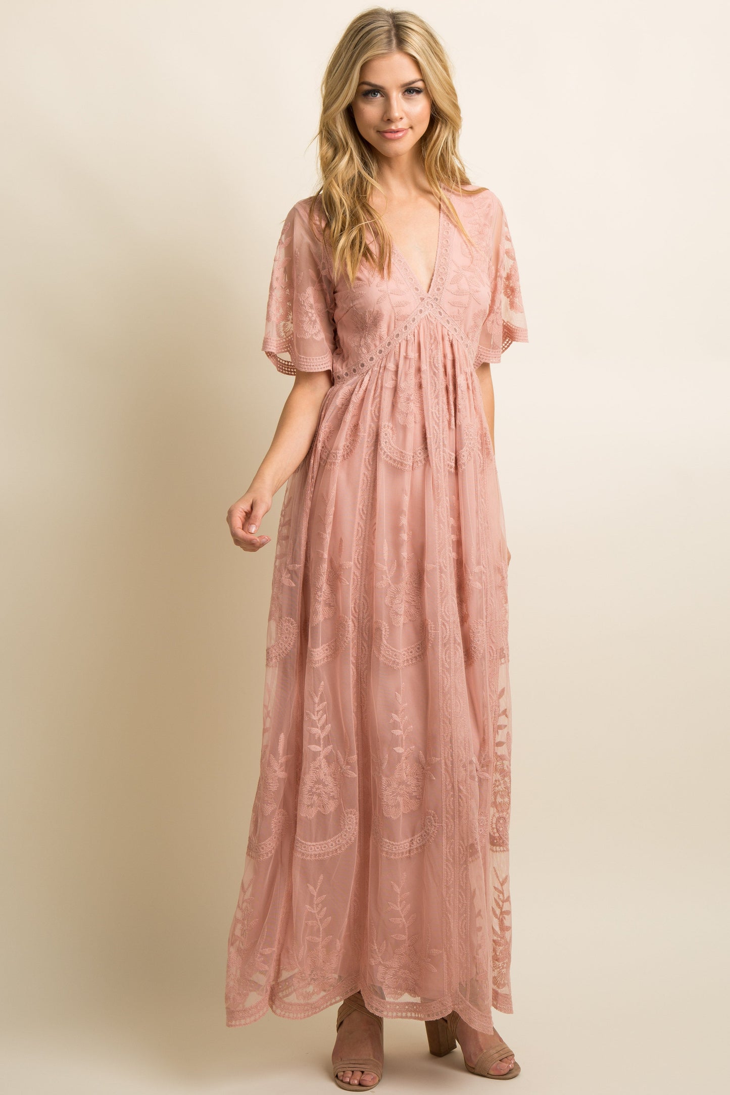 MARIJNEA ® | Roze kanten mesh overlay Maxi-Jurk