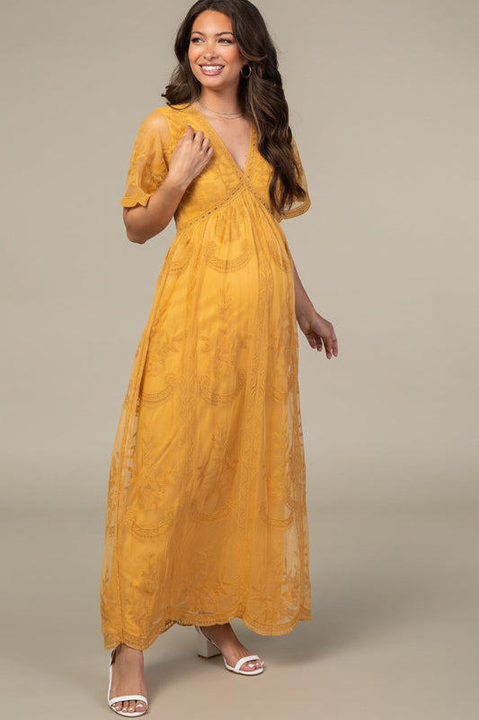 MARIJNEA® | Geel kanten mesh overlay Maxi-Jurk