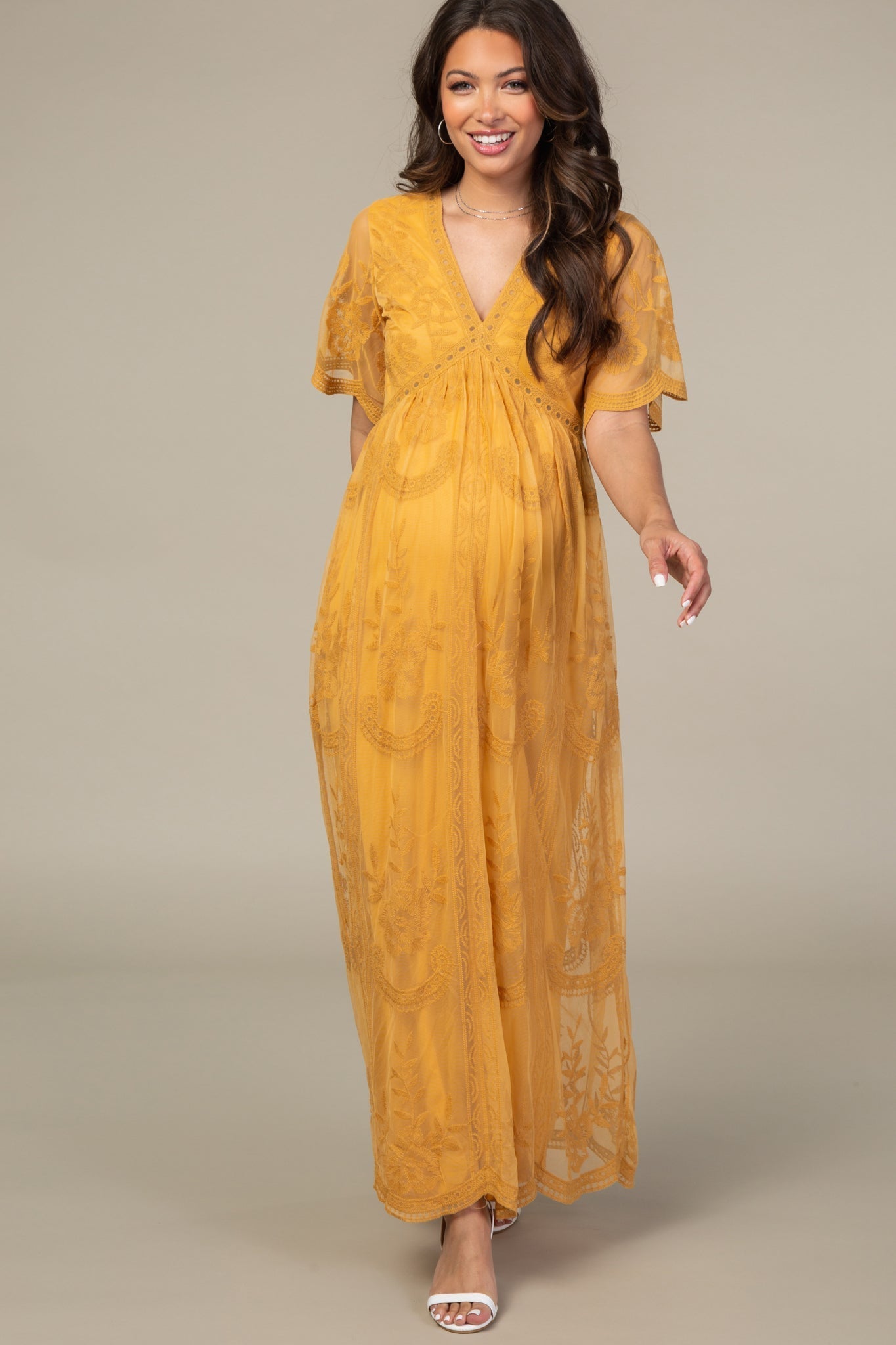 MARIJNEA® | Geel kanten mesh overlay Maxi-Jurk