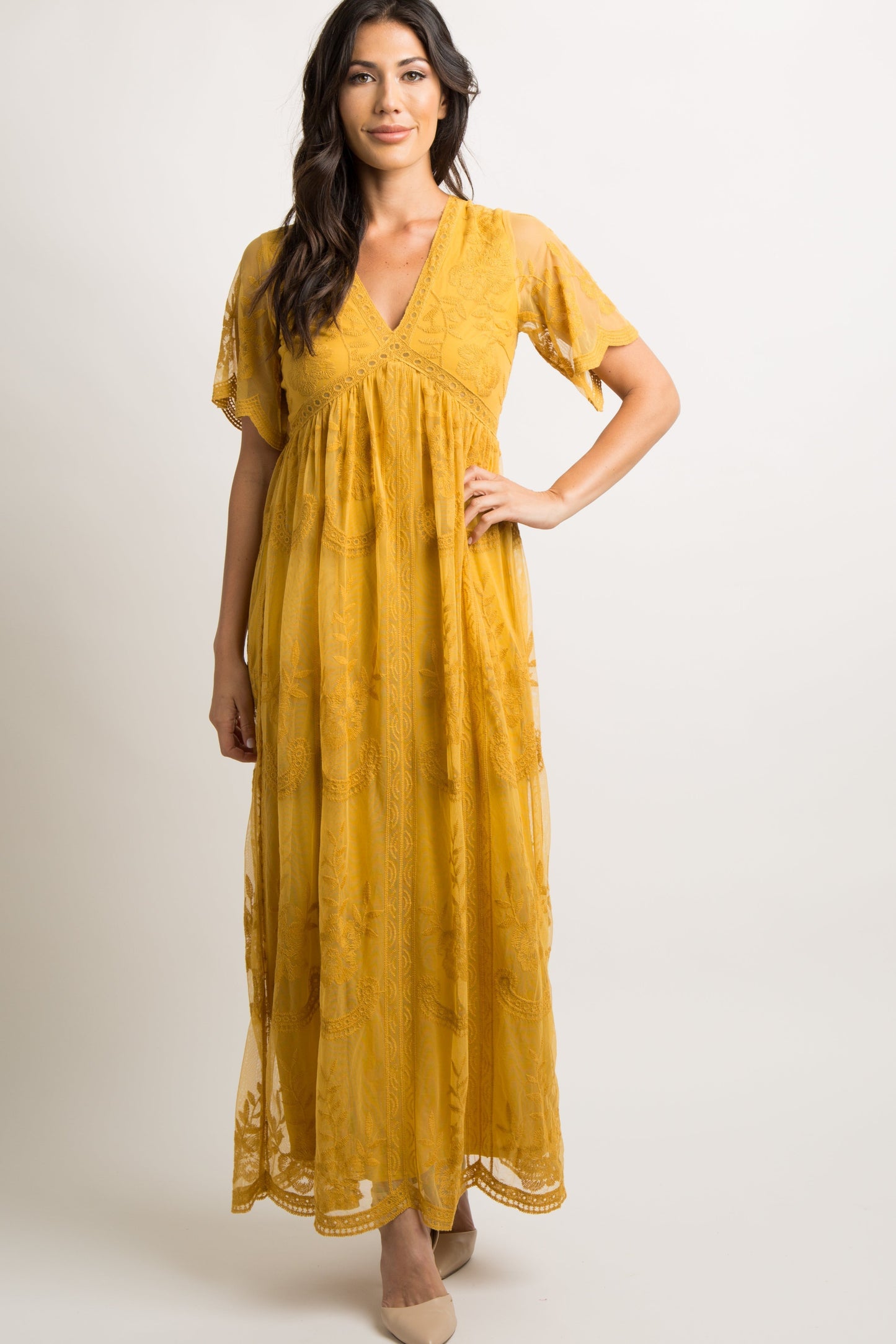 MARIJNEA® | Geel kanten mesh overlay Maxi-Jurk
