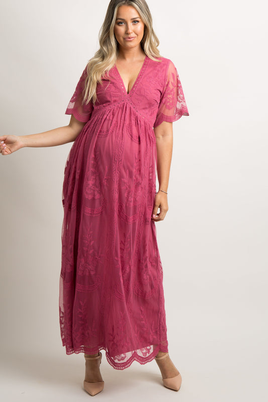 MARIJNEA® | Paars kanten mesh overlay Maxi-Jurk