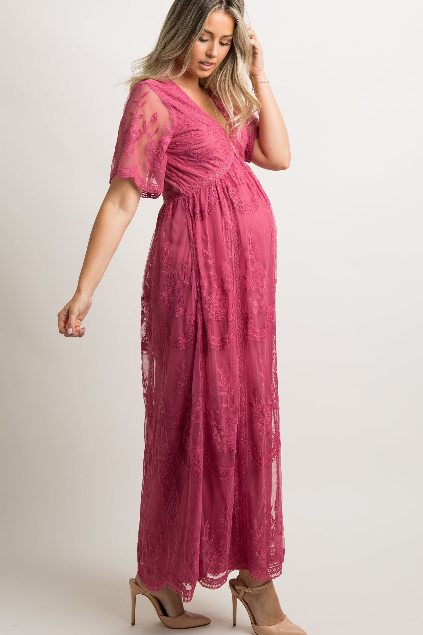 MARIJNEA® | Paars kanten mesh overlay Maxi-Jurk