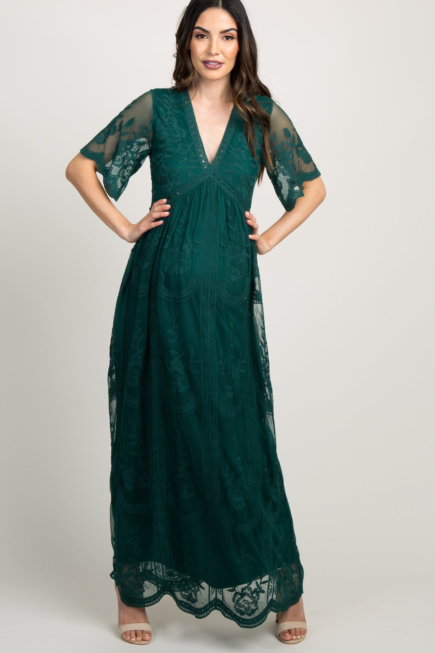 MARIJNEA® | Groen kanten mesh overlay Maxi-Jurk