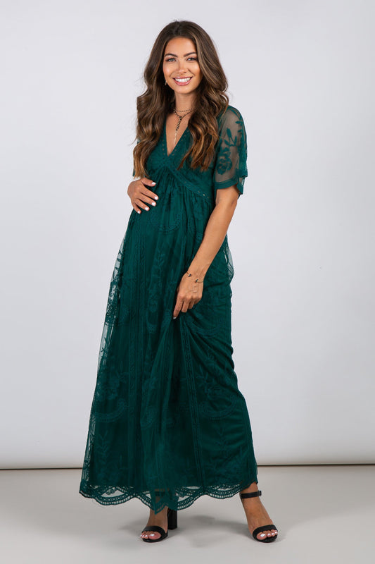 MARIJNEA® | Groen kanten mesh overlay Maxi-Jurk