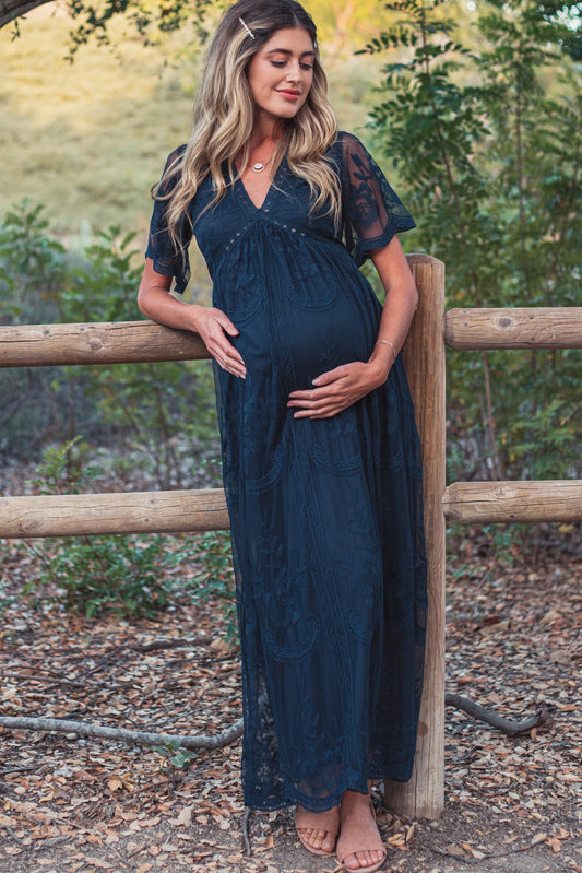 MARIJNEA® | Donker blauw kanten mesh overlay Maxi-Jurk