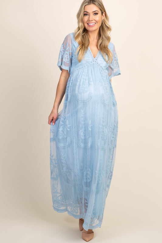 MARIJNEA® | Licht blauw kanten mesh overlay Maxi-Jurk
