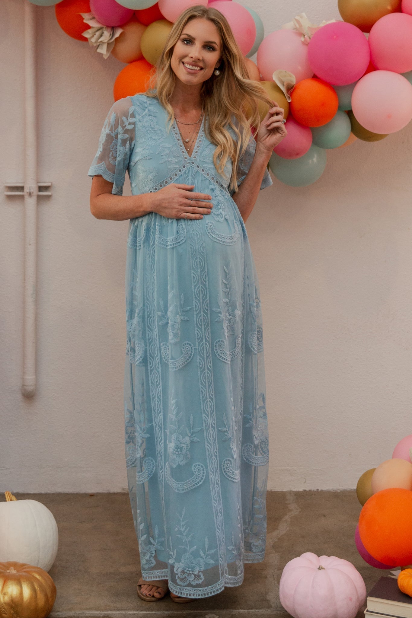 MARIJNEA® | Licht blauw kanten mesh overlay Maxi-Jurk