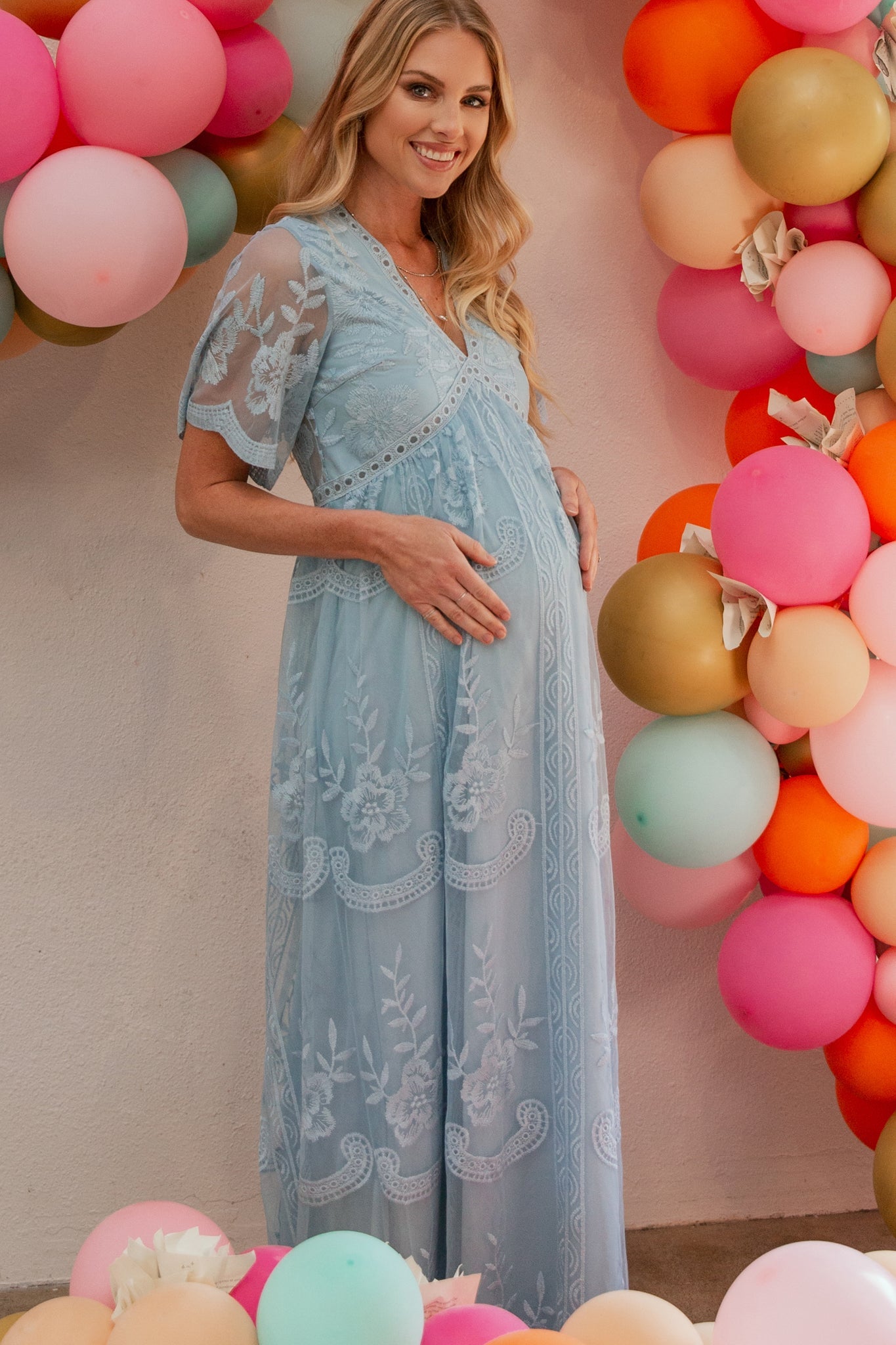 MARIJNEA® | Licht blauw kanten mesh overlay Maxi-Jurk