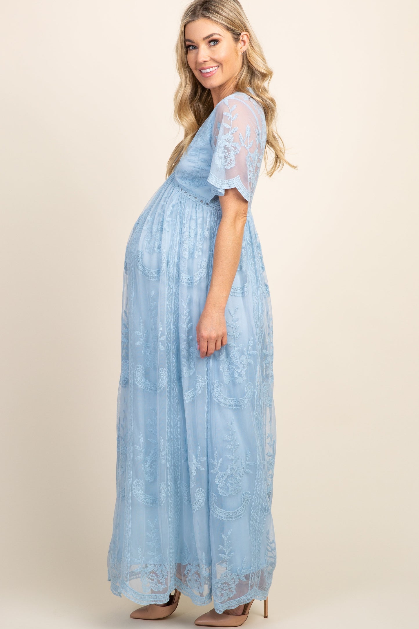 MARIJNEA® | Licht blauw kanten mesh overlay Maxi-Jurk