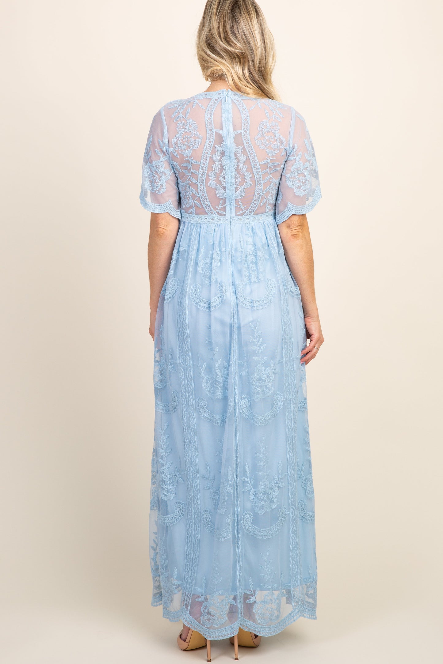 MARIJNEA® | Licht blauw kanten mesh overlay Maxi-Jurk