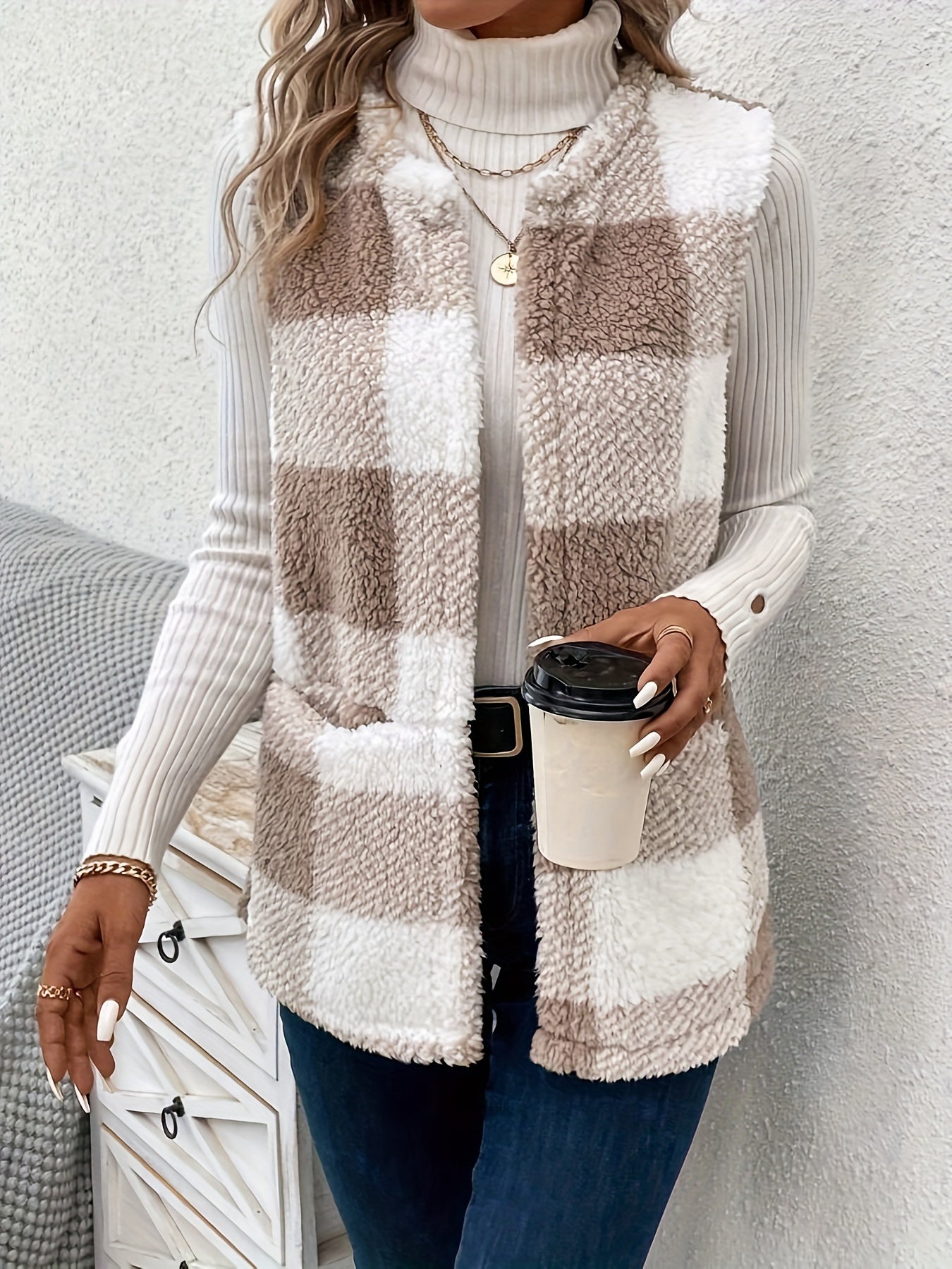 Plaid Pattern Teddy Vest, Casual Open Front Sleeveless Vest, Women's Clothing