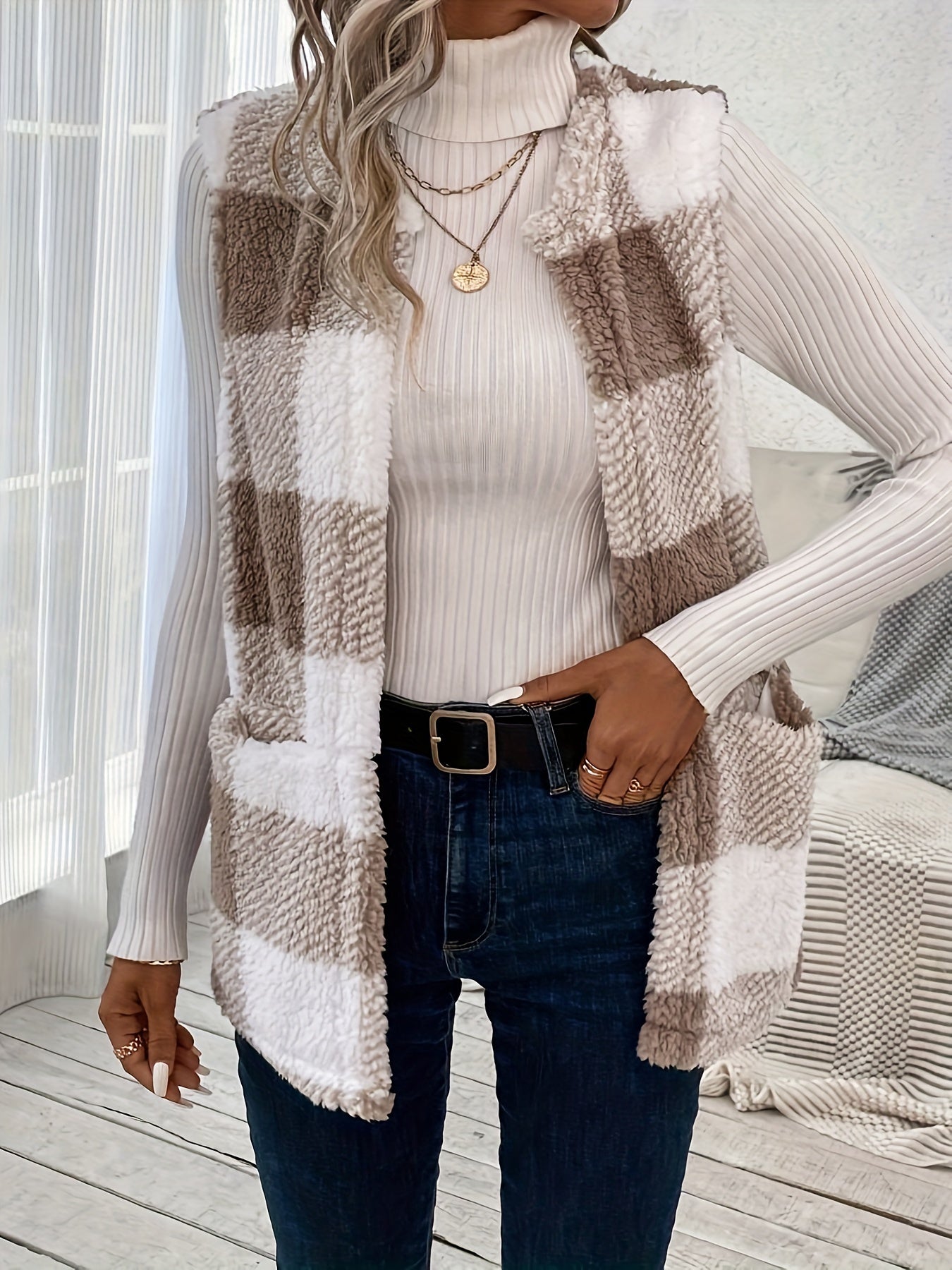 Plaid Pattern Teddy Vest, Casual Open Front Sleeveless Vest, Women's Clothing