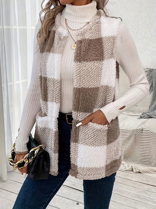 Plaid Pattern Teddy Vest, Casual Open Front Sleeveless Vest, Women's Clothing